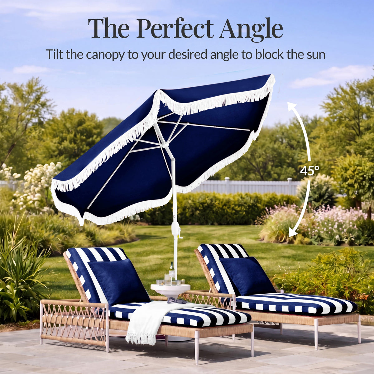 7.5ft Boho Fringe Umbrella  Tilt, UPF50+, Steel Pole