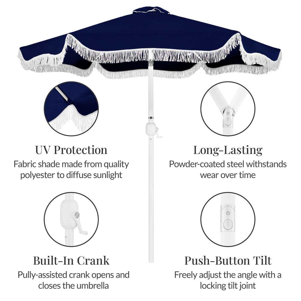 7.5ft Boho Fringe Umbrella  Tilt, UPF50+, Steel Pole