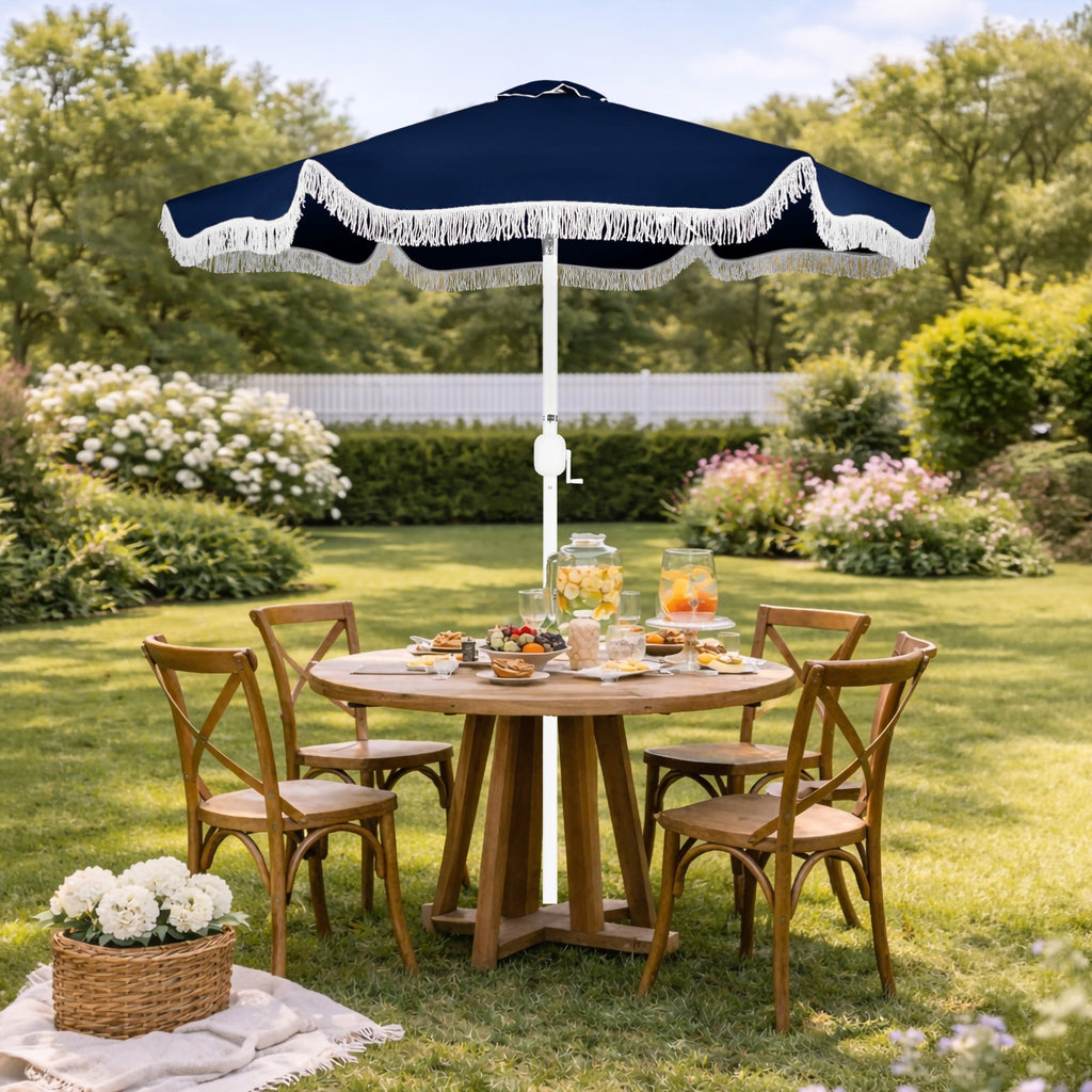 7.5ft Boho Fringe Umbrella  Tilt, UPF50+, Steel Pole