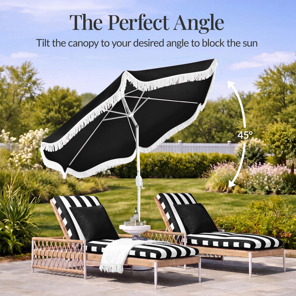 7.5ft Boho Fringe Umbrella  Tilt, UPF50+, Steel Pole