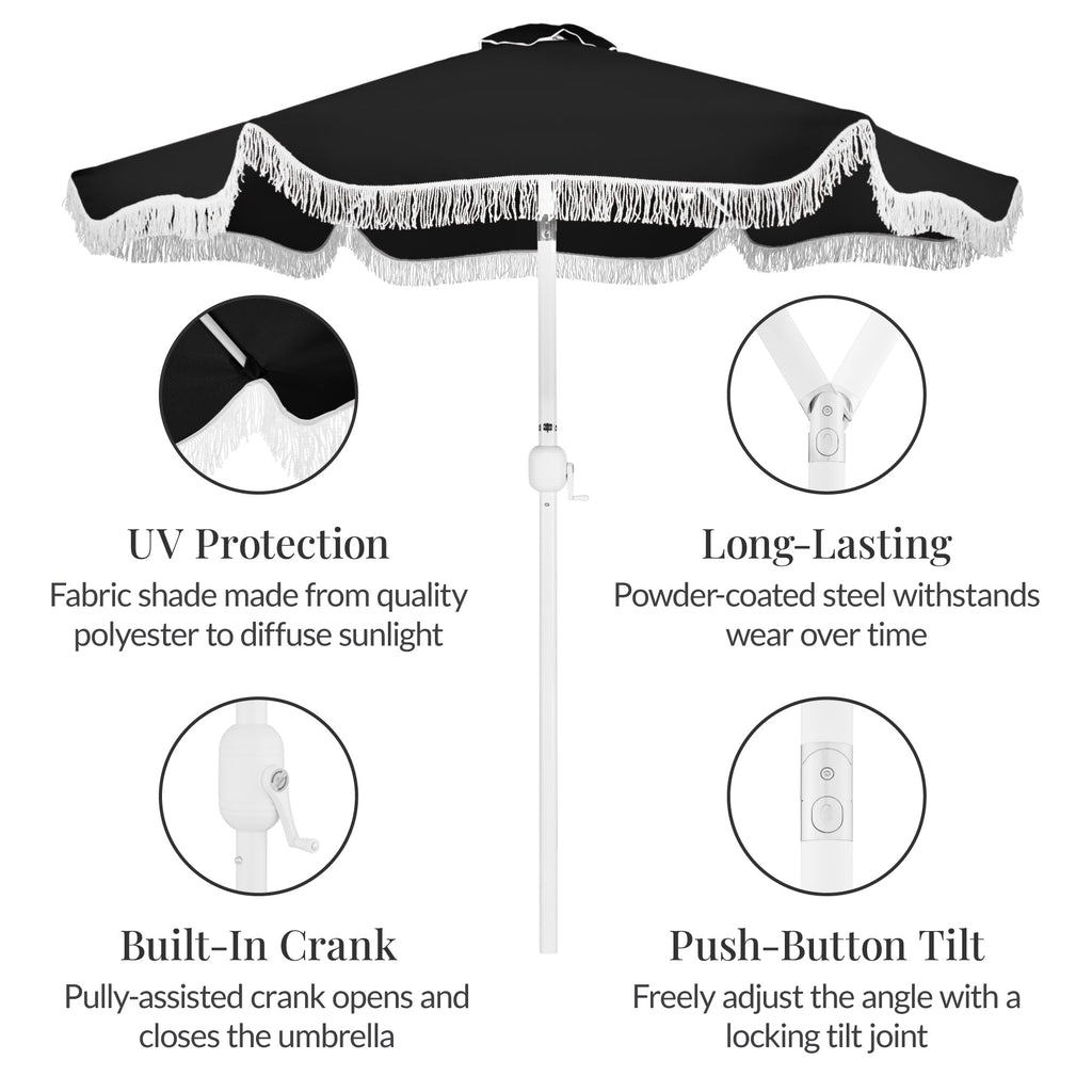 7.5ft Boho Fringe Umbrella  Tilt, UPF50+, Steel Pole