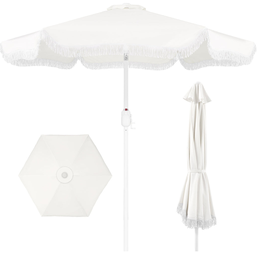 7.5ft Boho Fringe Umbrella  Tilt, UPF50+, Steel Pole