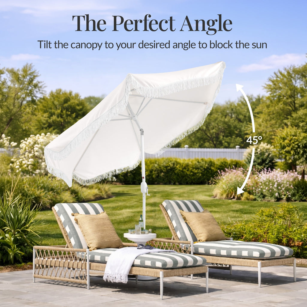 7.5ft Boho Fringe Umbrella  Tilt, UPF50+, Steel Pole