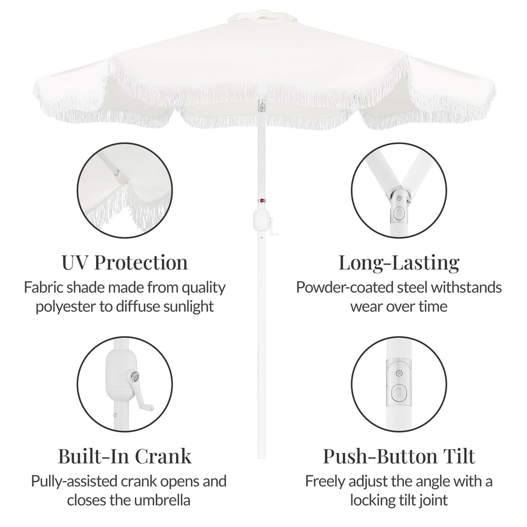 7.5ft Boho Fringe Umbrella  Tilt, UPF50+, Steel Pole