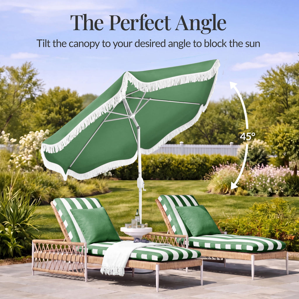 7.5ft Boho Fringe Umbrella  Tilt, UPF50+, Steel Pole