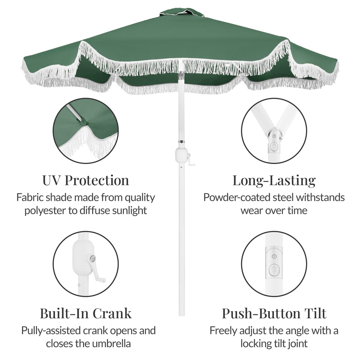 7.5ft Boho Fringe Umbrella  Tilt, UPF50+, Steel Pole