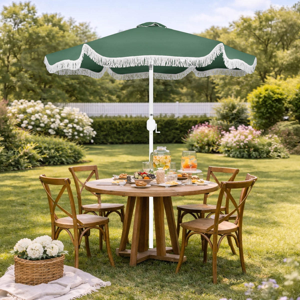 7.5ft Boho Fringe Umbrella  Tilt, UPF50+, Steel Pole