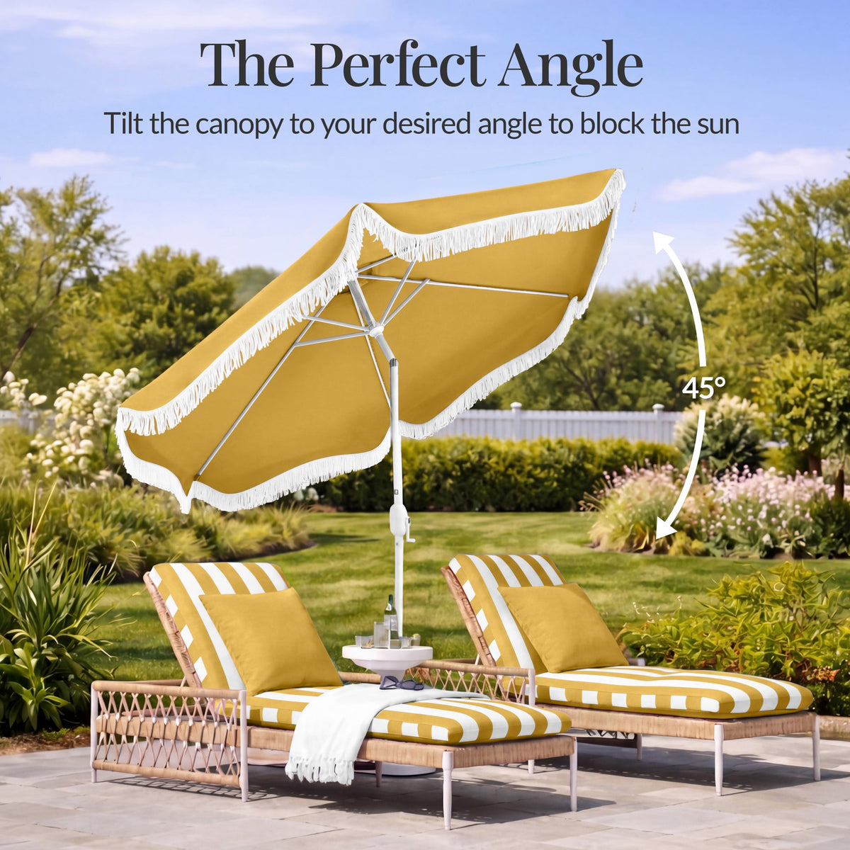 7.5ft Boho Fringe Umbrella  Tilt, UPF50+, Steel Pole