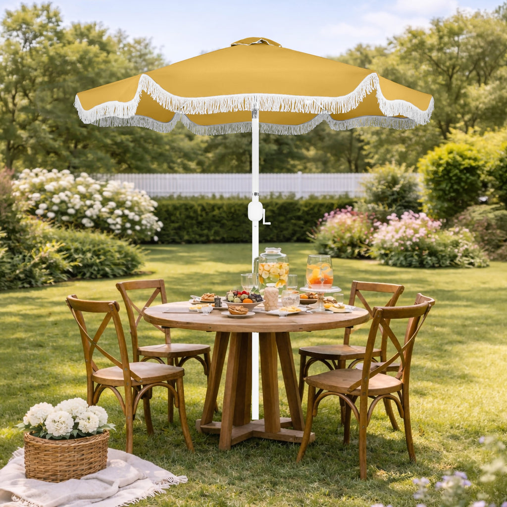 7.5ft Boho Fringe Umbrella  Tilt, UPF50+, Steel Pole