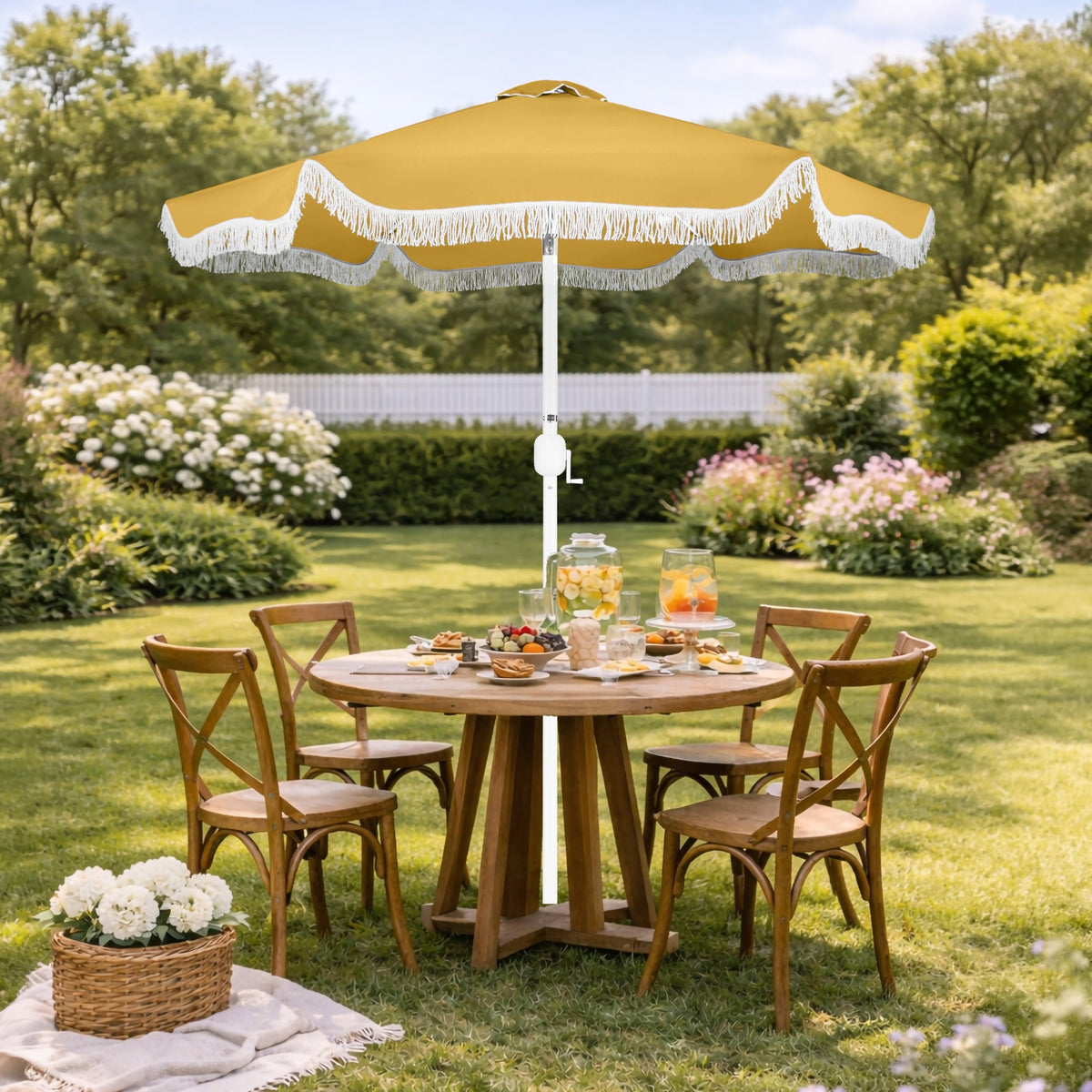 7.5ft Boho Fringe Umbrella  Tilt, UPF50+, Steel Pole