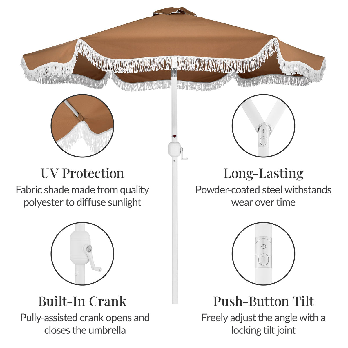 9ft Boho Fringe Umbrella  Tilt, UPF50+, Steel Pole