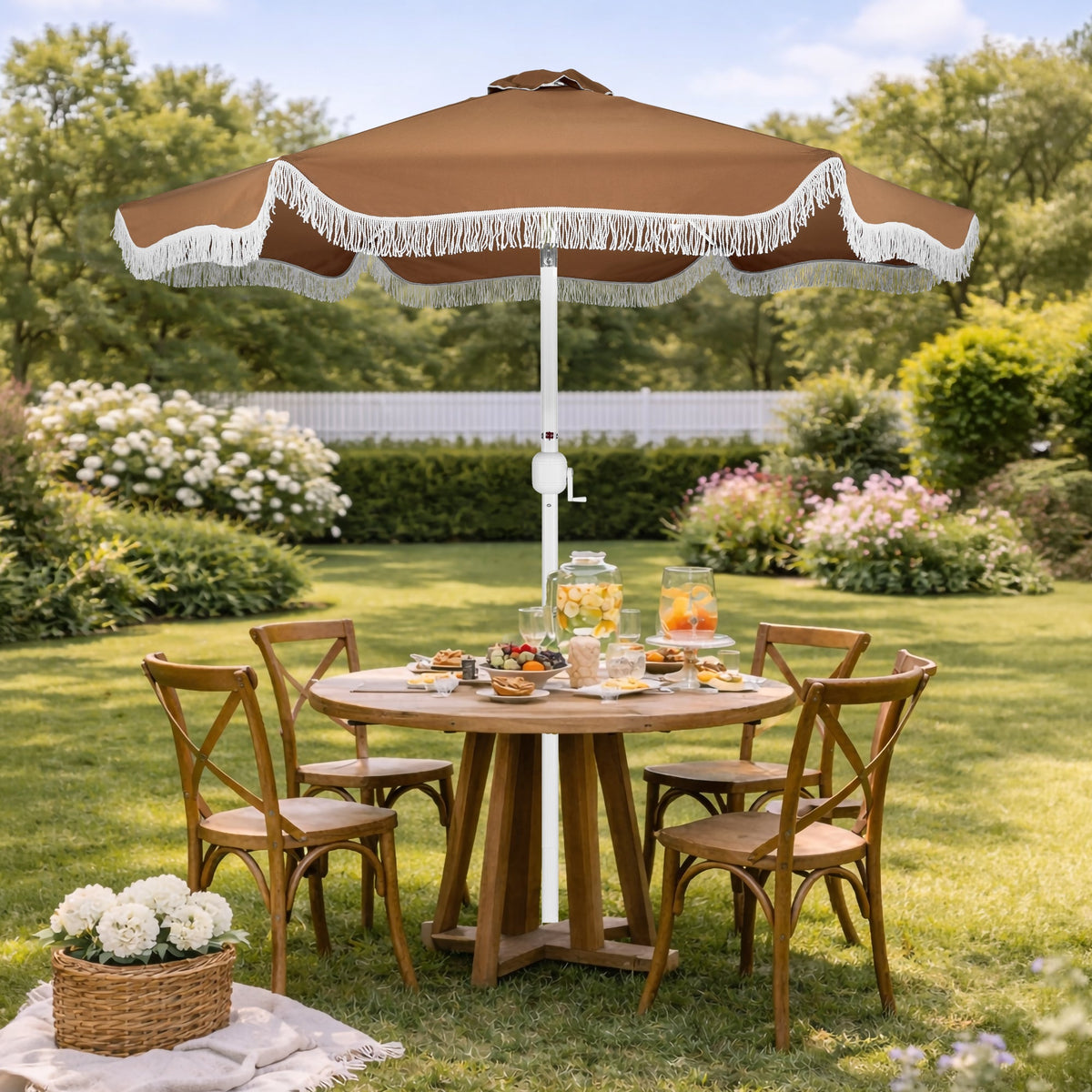 9ft Boho Fringe Umbrella  Tilt, UPF50+, Steel Pole