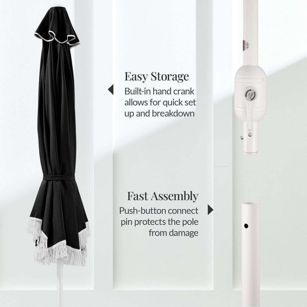 9ft Boho Fringe Umbrella  Tilt, UPF50+, Steel Pole