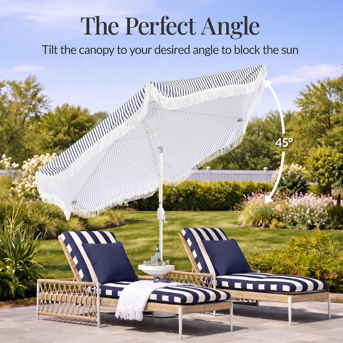 9ft Boho Fringe Umbrella  Tilt, UPF50+, Steel Pole