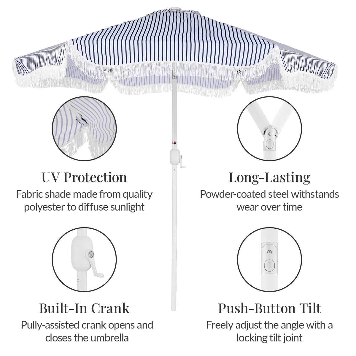 9ft Boho Fringe Umbrella  Tilt, UPF50+, Steel Pole