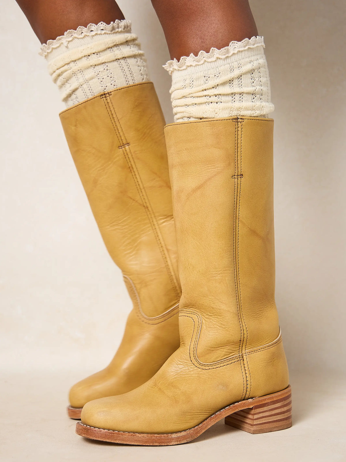 Pointelle Knee High Socks, Set of 2 - Cream & Brown