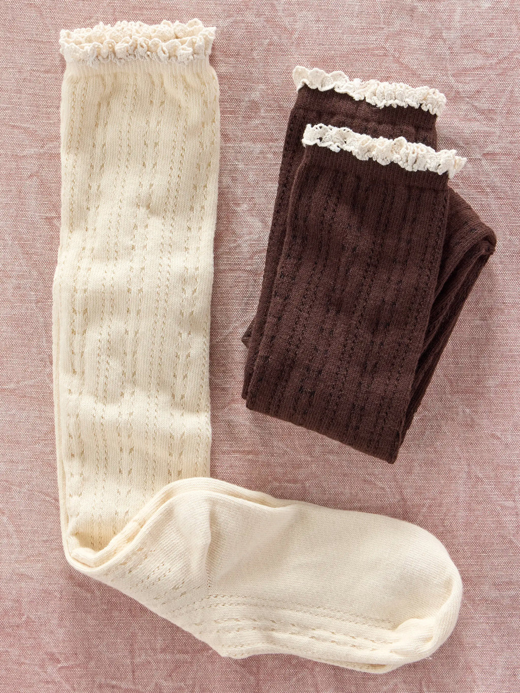 Pointelle Knee High Socks, Set of 2 - Cream & Brown