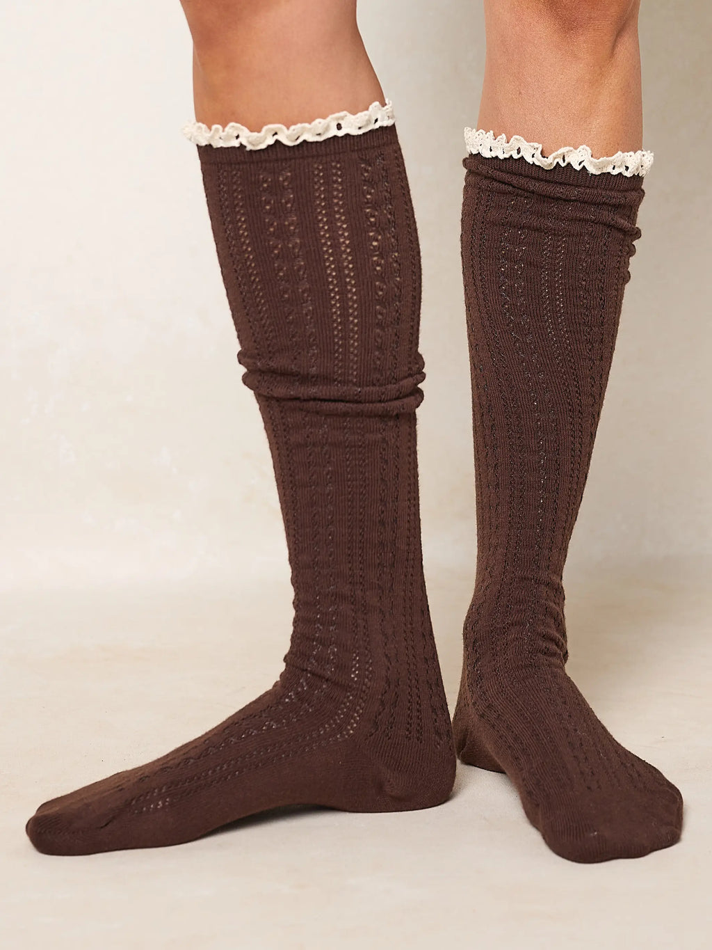 Pointelle Knee High Socks, Set of 2 - Cream & Brown