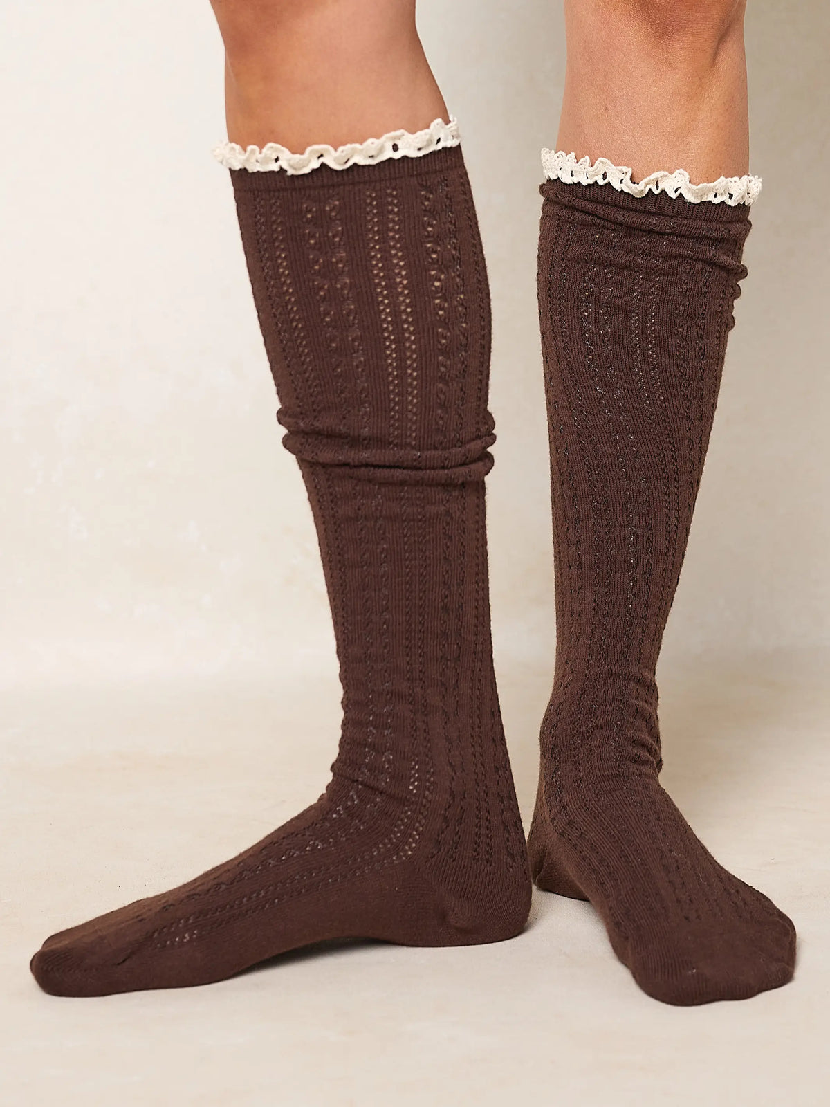 Pointelle Knee High Socks, Set of 2 - Cream & Brown