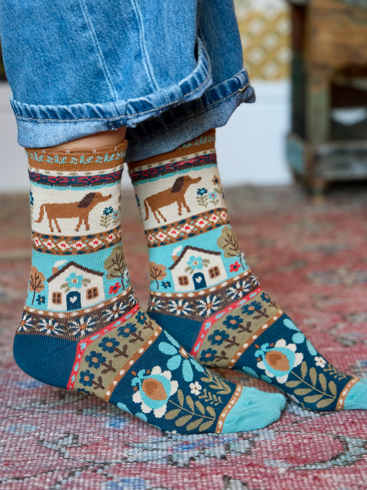 Boho Socks - Cream Dog