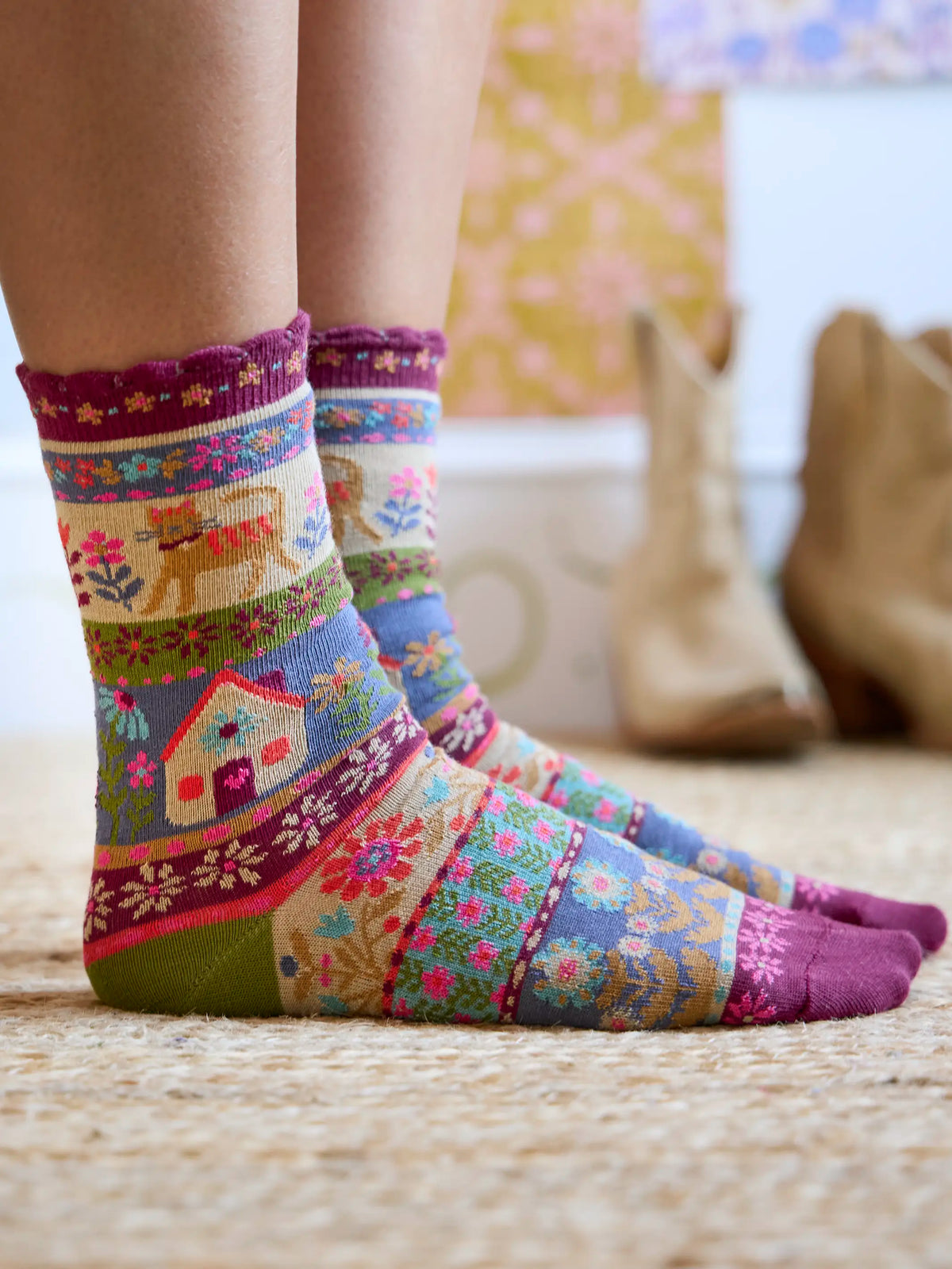 Boho Socks - Cream Cat