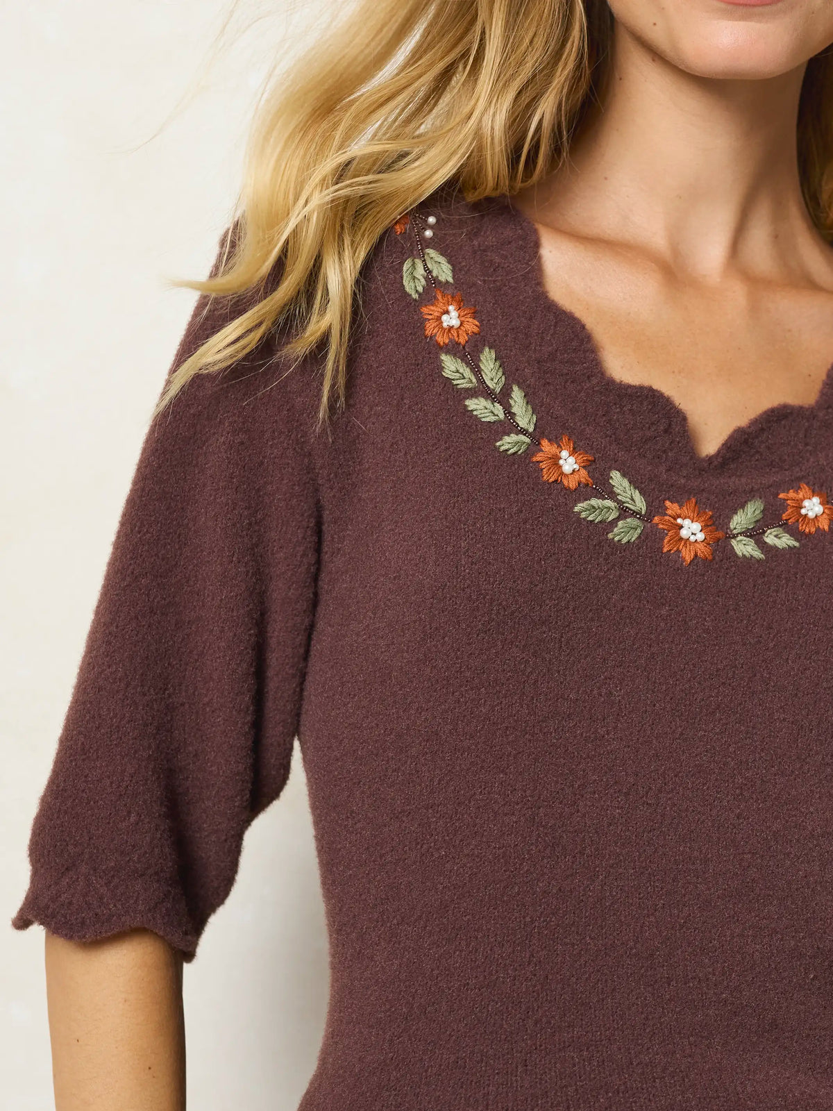 Dora Embroidered Sweater Top - Brown
