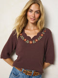 Dora Embroidered Sweater Top - Brown