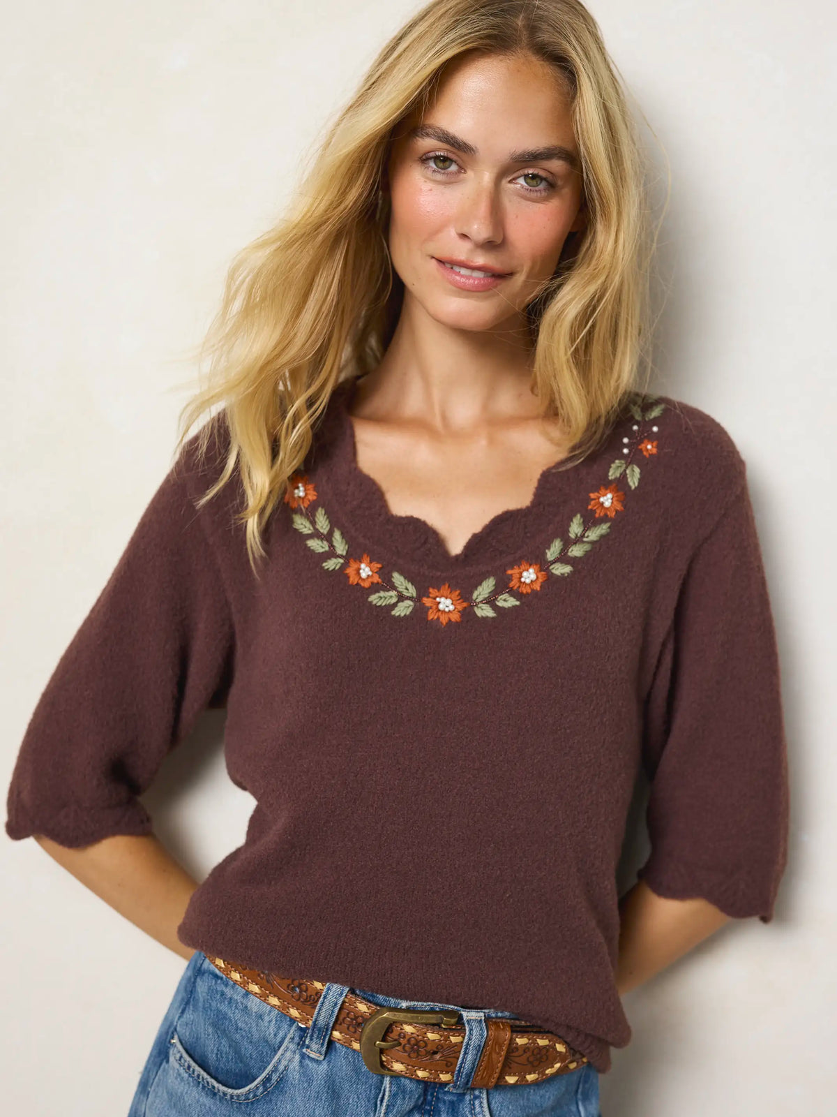 Dora Embroidered Sweater Top - Brown