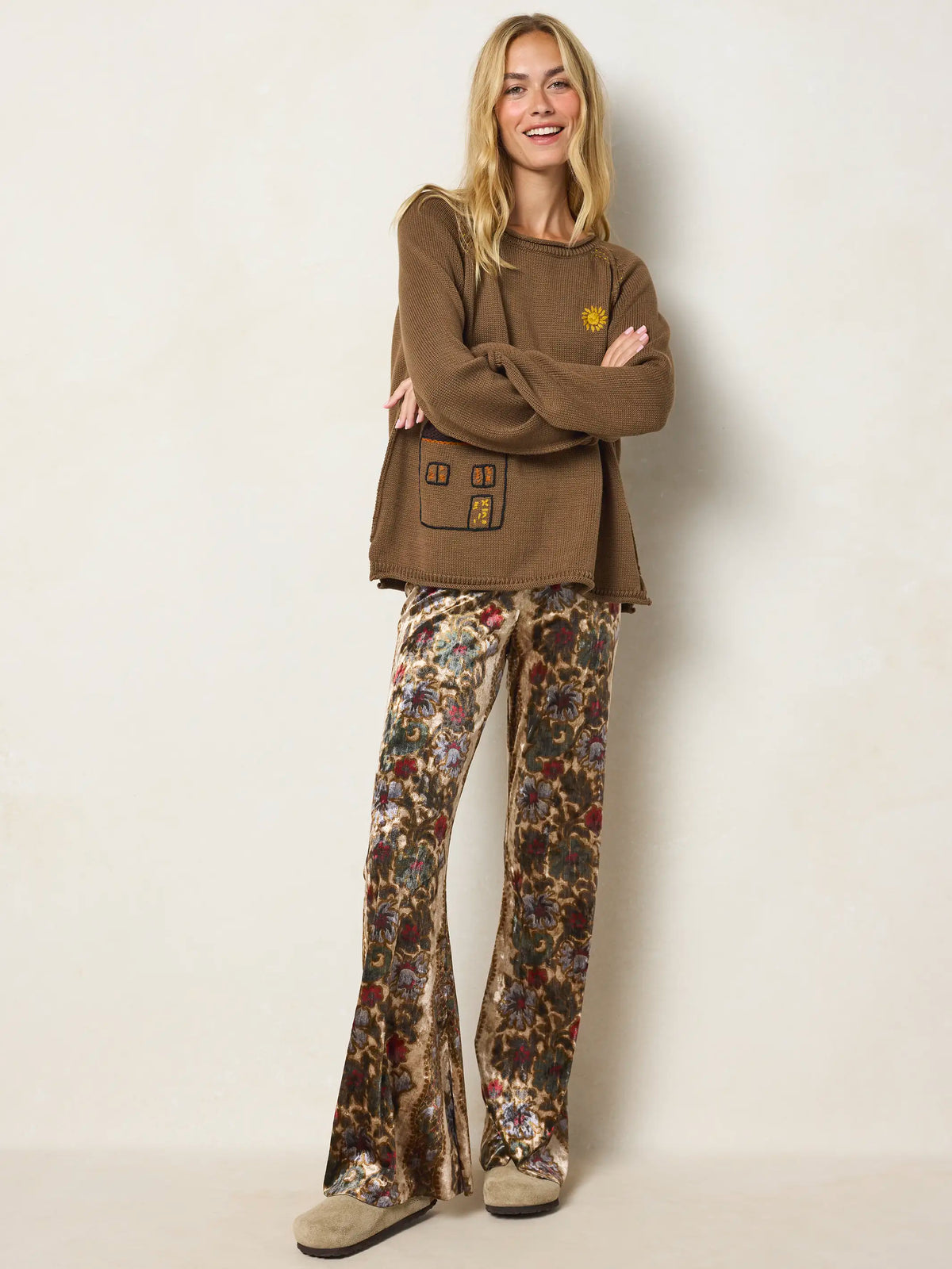 Cali Velvet Flare Pants - Brocade Tapestry Cream