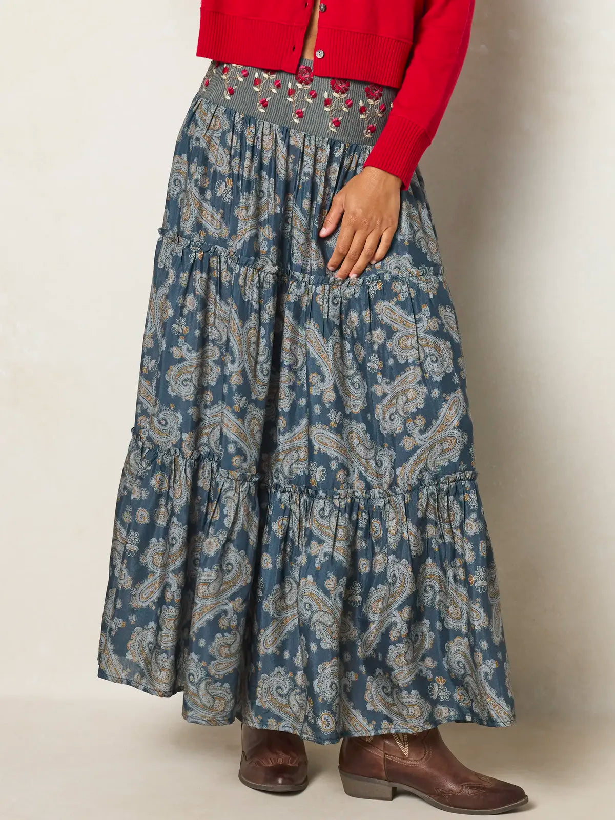Karlie Embroidered Tiered Maxi Skirt - Vintage Paisley Dusty Blue