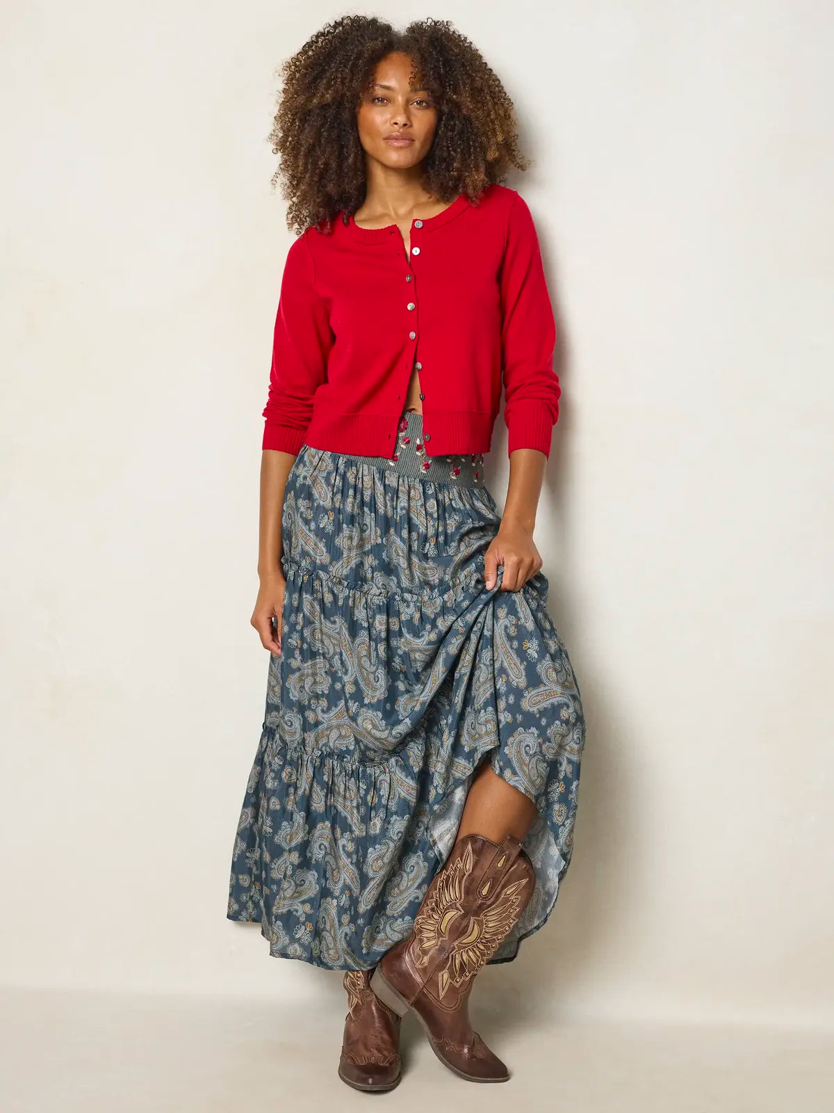 Karlie Embroidered Tiered Maxi Skirt - Vintage Paisley Dusty Blue