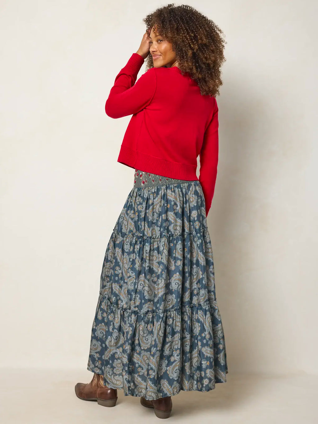 Karlie Embroidered Tiered Maxi Skirt - Vintage Paisley Dusty Blue