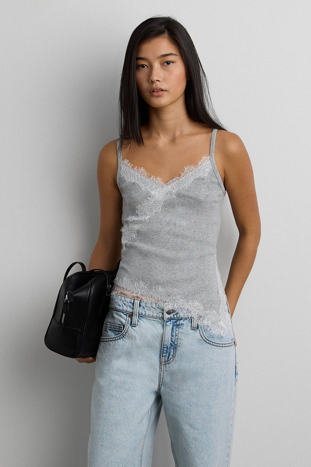 RIBBED ASYMMETRICAL LACE TRIM TANK TOP