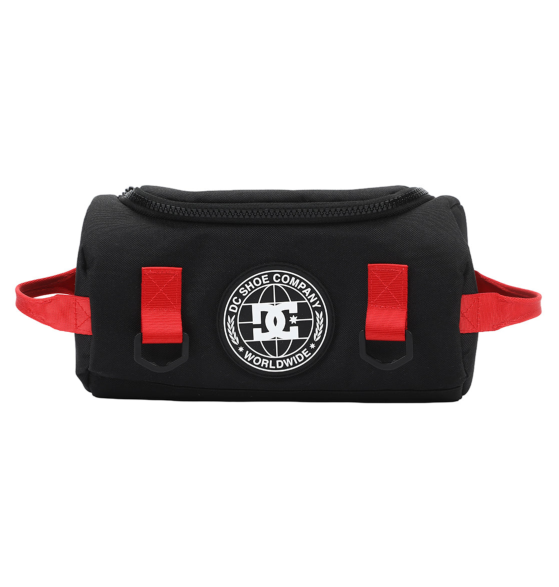 The DC Shoes DC Runner Dopp Kit is a black zippered pouch with red side handles and loops, featuring a round white DC Shoe Company Worldwide logo on the front.