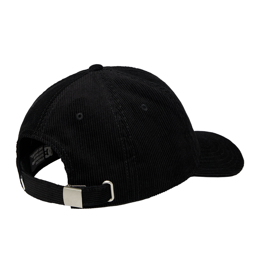 The Kids' DC Star Strapback Cap by DC Shoes is a black corduroy skate hat with a metal buckle strap for adjustment, DC branding above the back opening, and a classic curved brim.