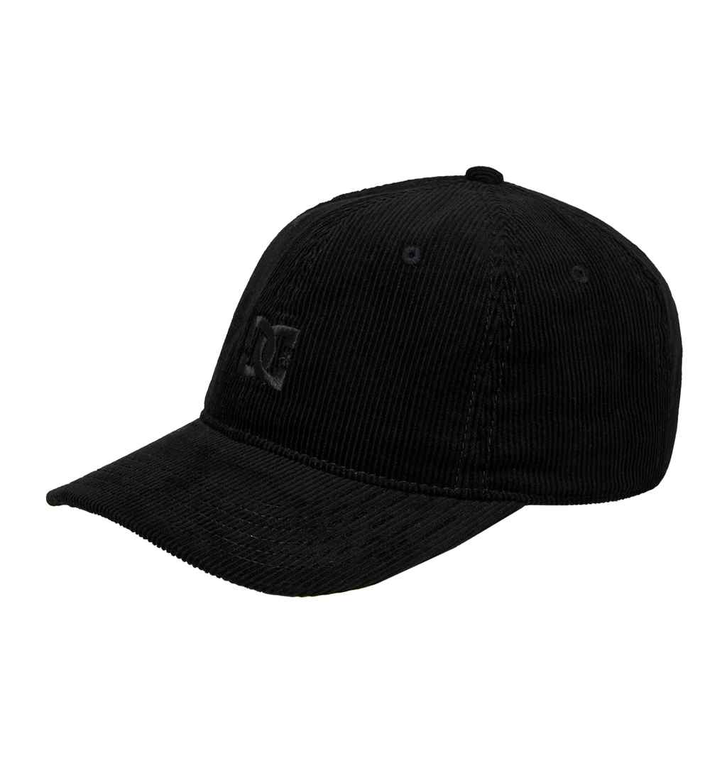 The Kids' DC Star Strapback Cap by DC Shoes is a black corduroy skate cap with a curved brim and subtle stitched DC branding on the front, shown against a plain white background.