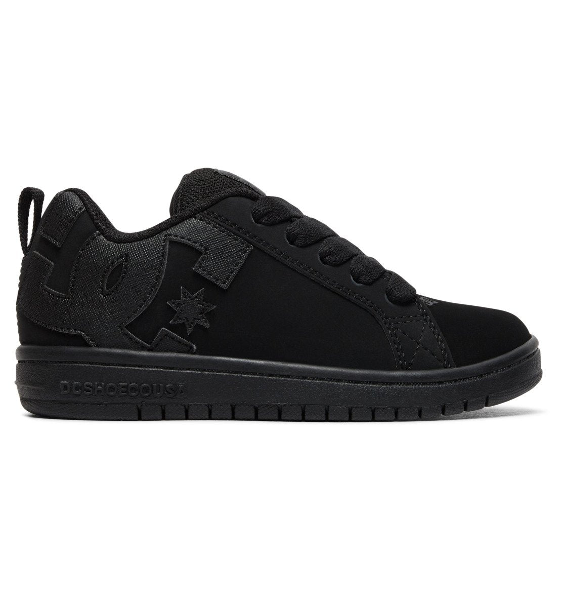 The Kids’ Court Graffik Shoes from DC Shoes are black athletic sneakers featuring black laces, a thick sole, and a bold stitched logo on the side. These shoes showcase the iconic Court Graffik style with a puffy silhouette, low-profile design, and a convenient heel loop for easy on and off.