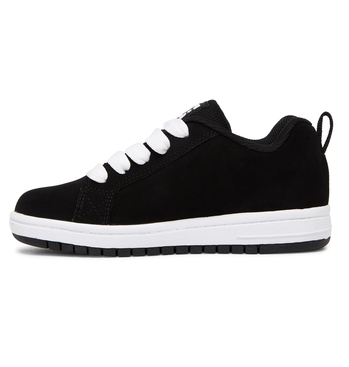 Black DC Shoes Kids’ Court Graffik skate-style shoe with a puffy silhouette, white sole, and white laces, displayed in a side view against a white background—a classic design inspired by the Court Graffik collection.