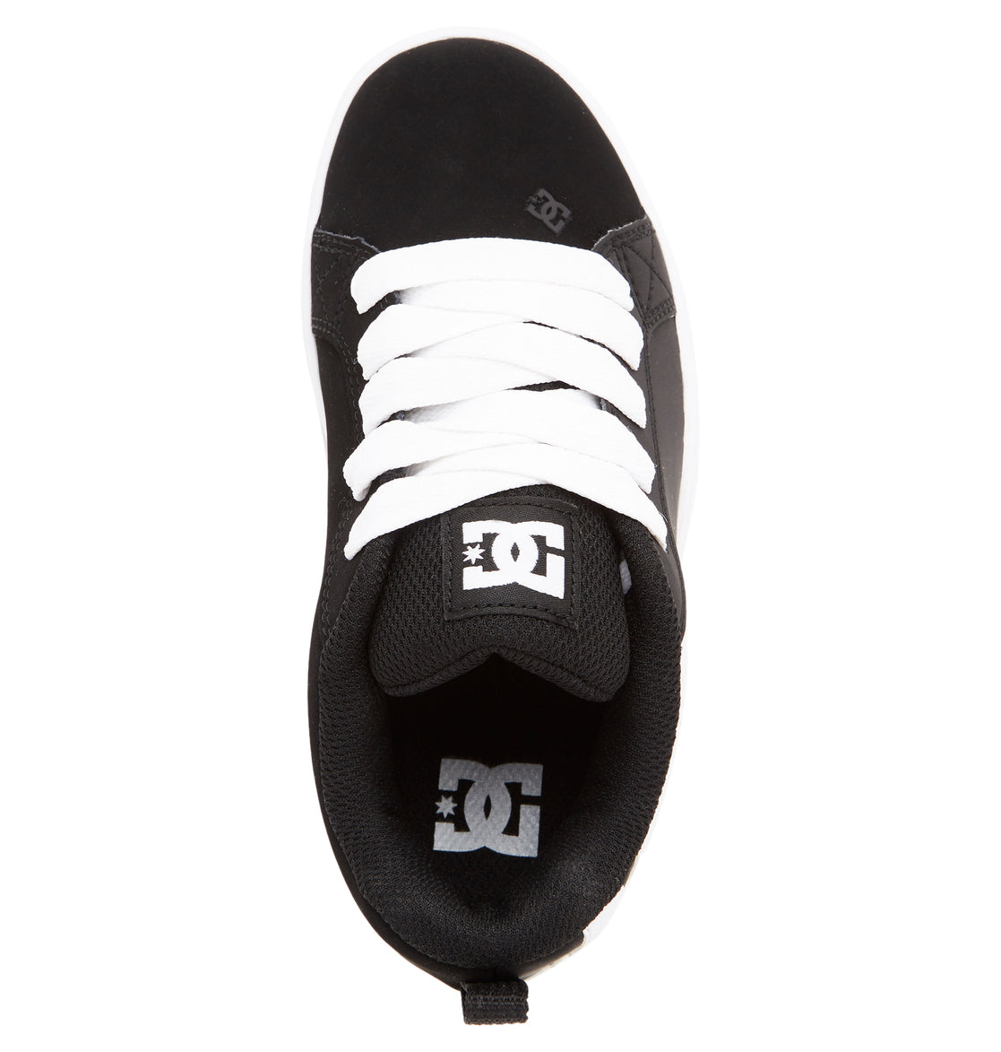 Black DC Shoes Kids’ Court Graffik shoe with white laces, seen from above. Featuring the brand’s signature puffy silhouette for kids, the DC logo is visible on both the tongue and insole. The shoe includes a rounded toe and padded collar for comfort.