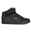 The Kids’ Pure High Elastic Lace High-Top Shoes by DC Shoes are black high top sneakers for kids, featuring a secure velcro ankle strap, elastic lace-up front, mesh and suede panels, a durable rubber sole, and the signature DC Shoes logo on the side—making them the perfect choice for stylish kids skate shoes.