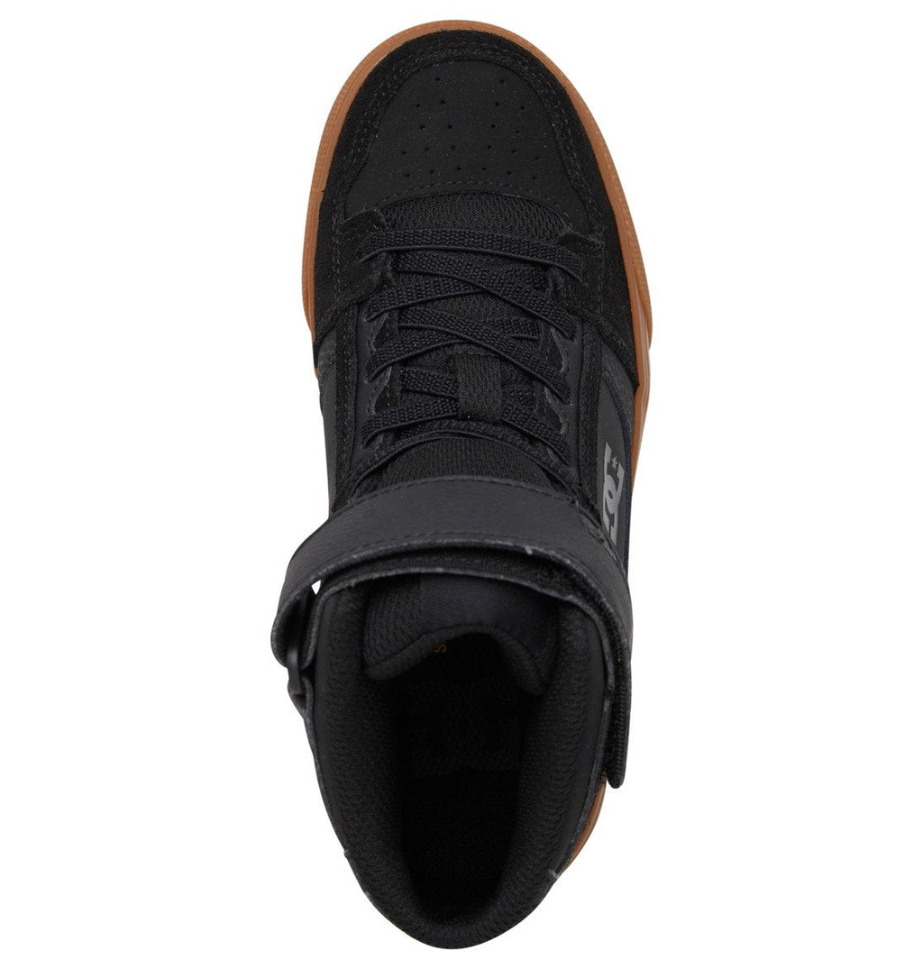 The Kids’ Pure High Elastic Lace High-Top Shoes by DC Shoes are black high-top sneakers with a brown rubber sole, shown from an overhead view. These kids’ skate shoes feature laces and a velcro ankle strap for a secure fit, plus a padded collar to provide extra support and comfort—ideal for stylish young skaters.
