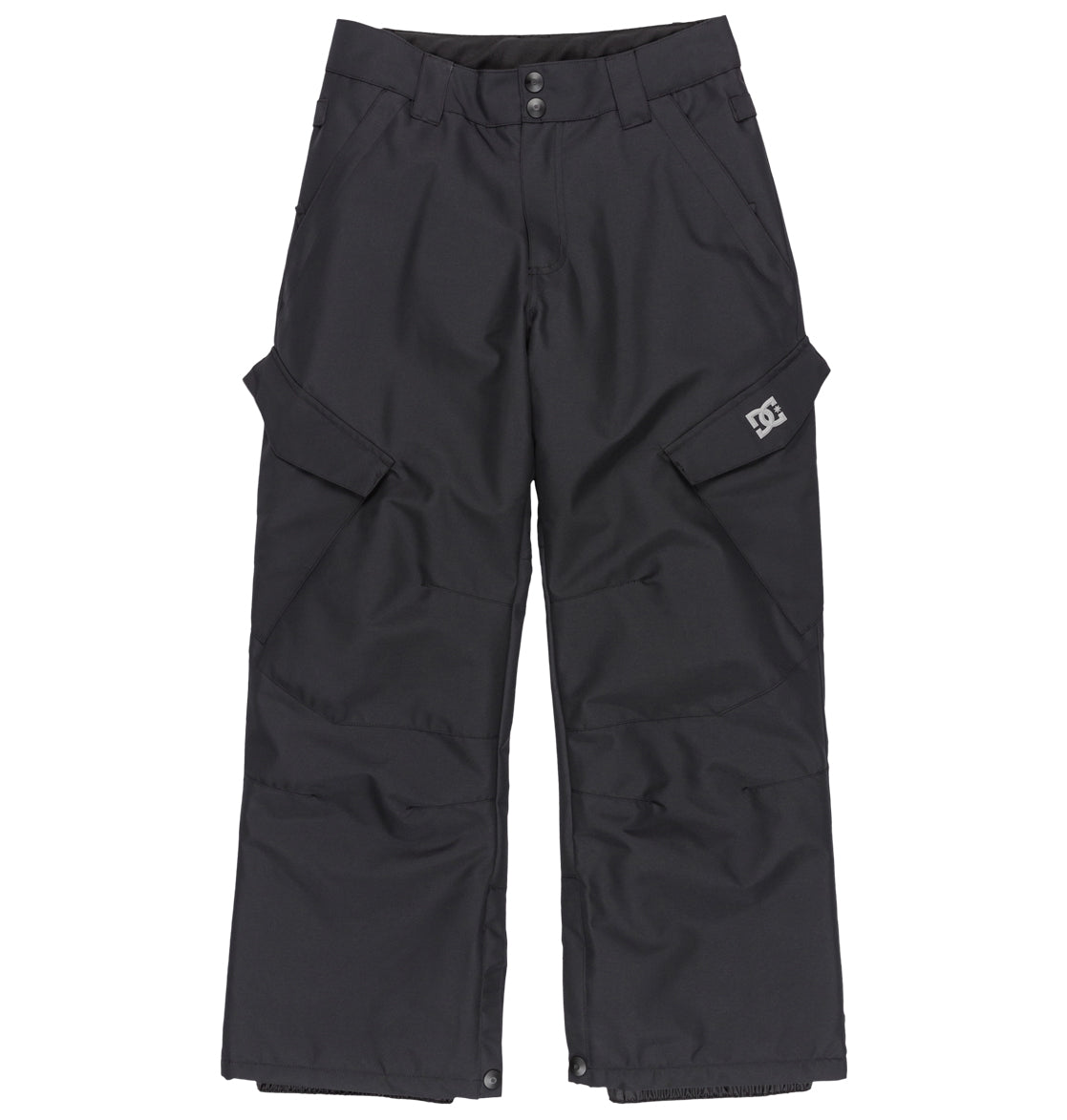 Kids’ Banshee Snow Pants by DC Shoes, featuring a black colorway, wide-leg design, side pockets, front button and zipper closure, and a small DC logo on the left thigh pocket inspired by insulated snow pants. The pants are displayed laid flat on a white background.
