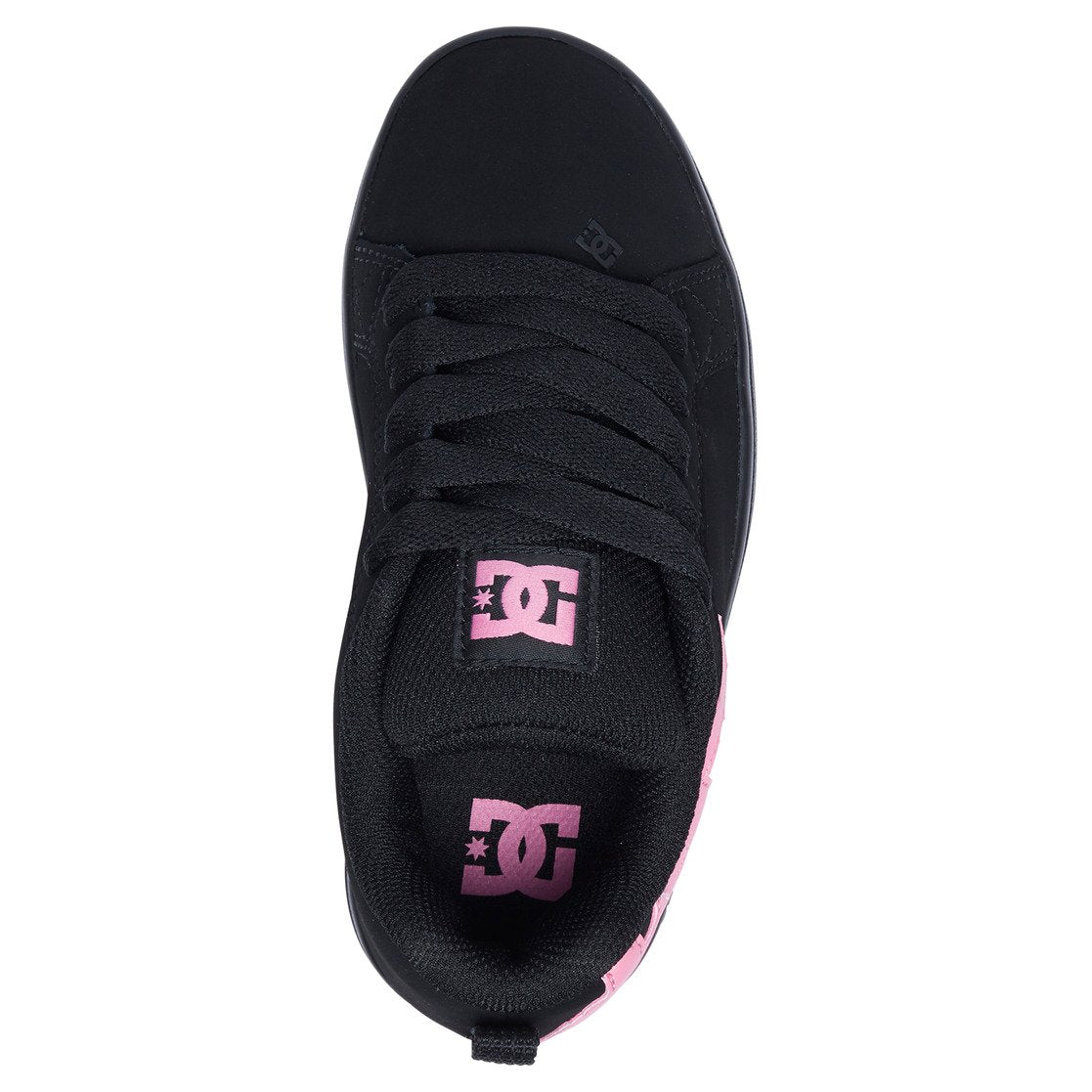 The Kids’ Court Graffik Shoes by DC Shoes feature a black upper with a pink DC logo on the tongue and heel, as seen from above. Black laces and a pink side panel complete the look, while the skate-inspired design gives this kids’ shoe a sporty, casual vibe.