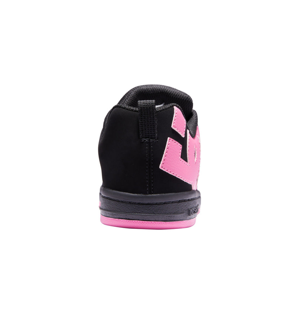 Kids’ Court Graffik Shoes by DC Shoes, featuring a black upper with a large pink DC logo on the side, pink midsole, and black pull tab at the heel. The shoe is viewed from the back against a plain white background, highlighting its signature skate-inspired style.
