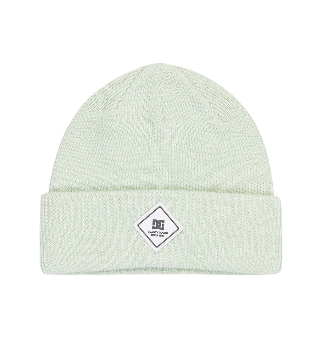 A women’s Label Beanie by DC Shoes in a light mint green knit, designed with a folded brim and cuff, and featuring a small square DC Shoes logo patch at the center front.