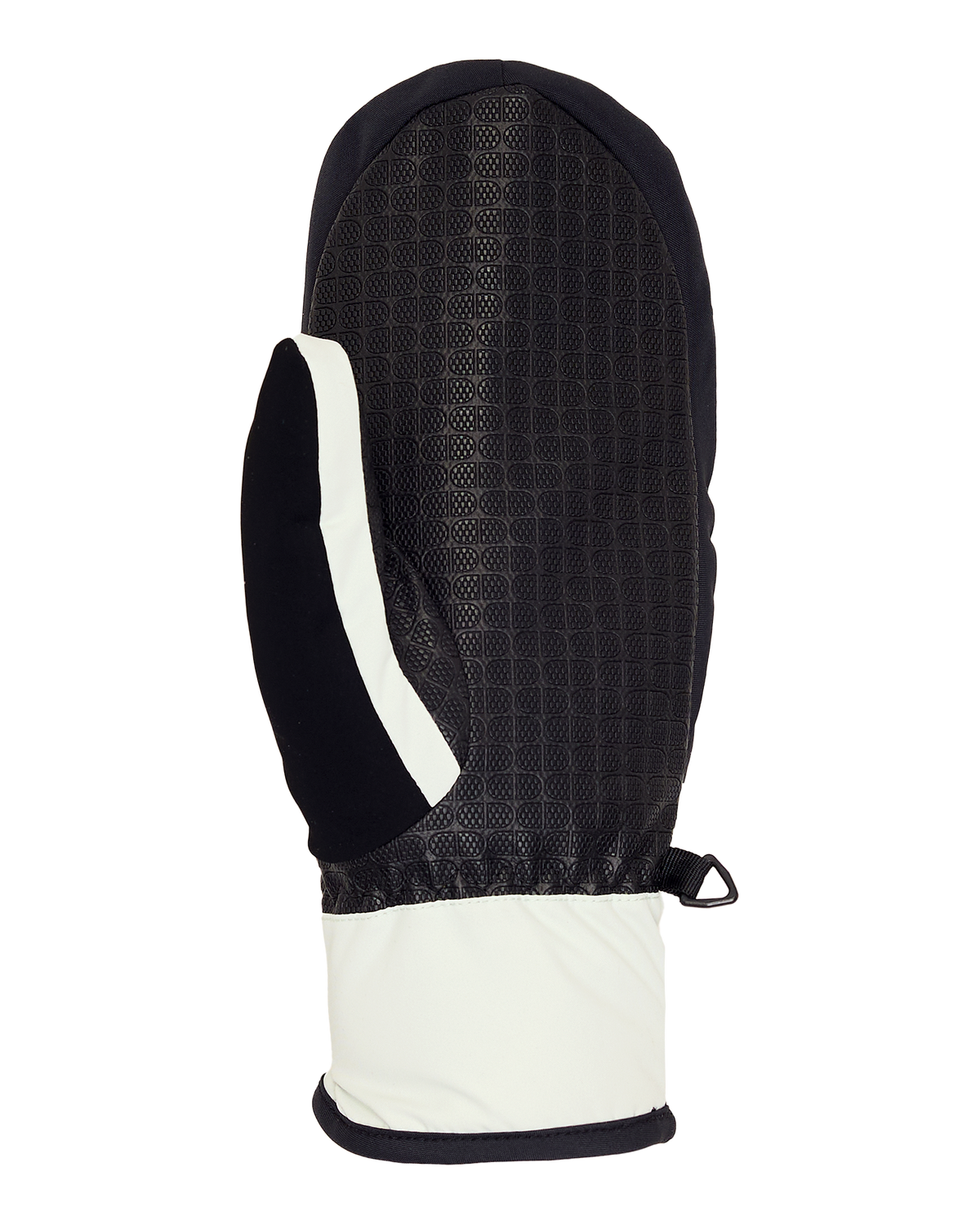 The DC Shoes Women’s Franchise Insulated Mitten features a black textured fabric on top, a white section on the thumb and cuff, and a small black loop on the wrist. Displayed against a plain white background, this weather-resistant mitten blends style with functionality to keep you warm on cold days.
