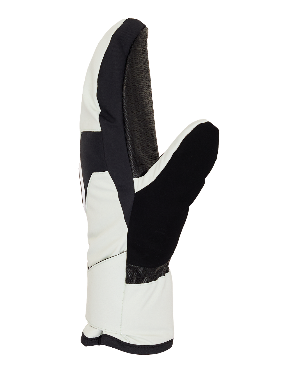 The image features the Women’s Franchise Insulated Mittens by DC Shoes, displayed upright on a plain white background. These eco-friendly mittens showcase a stylish black and off-white three-finger design, offering both warmth and sustainability for cold weather.