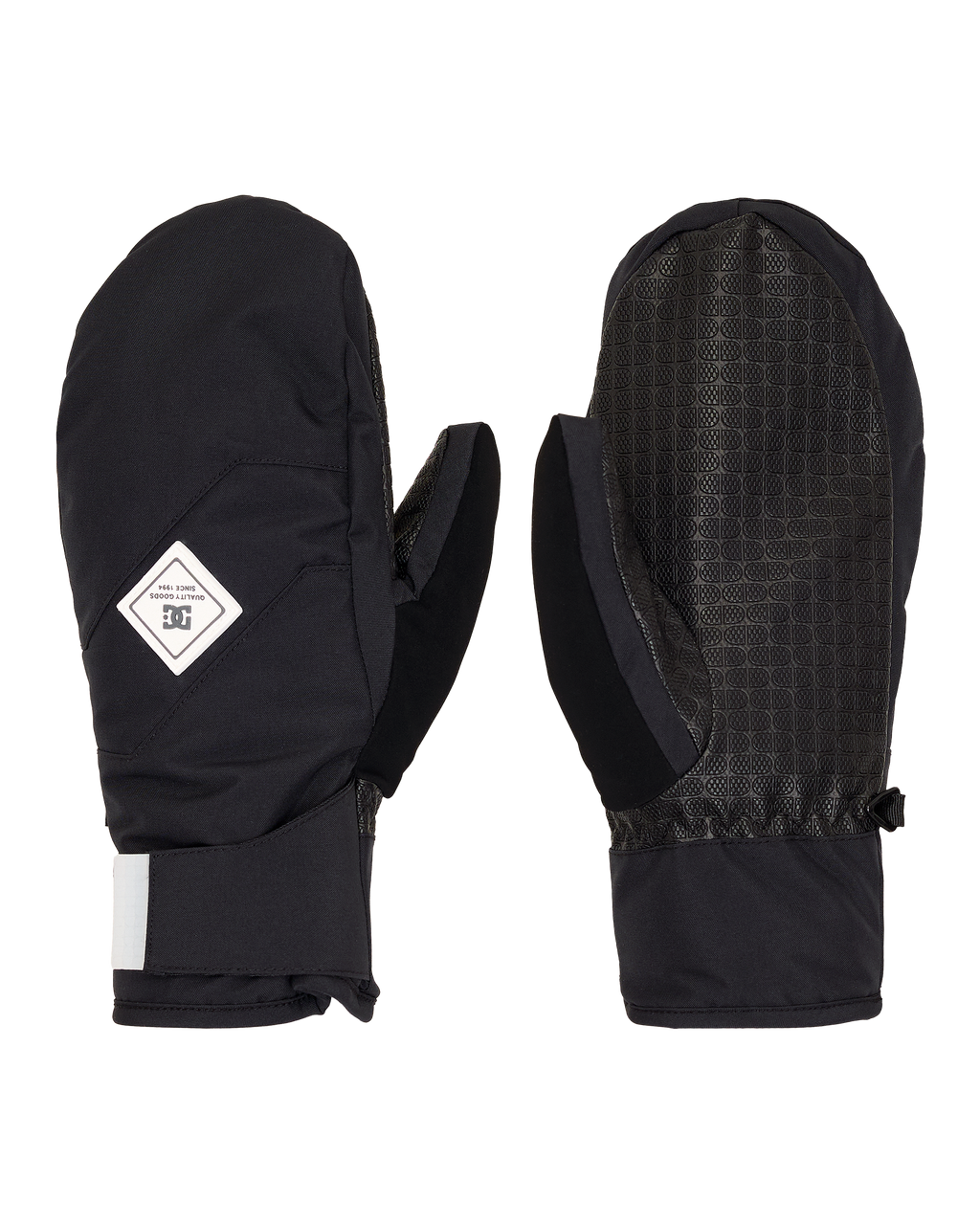 A pair of DC Shoes Women’s Franchise Insulated Mittens in black, featuring a patch on the back of one mitten and a textured grip on the palm side for reliable weather protection, displayed against a white background.