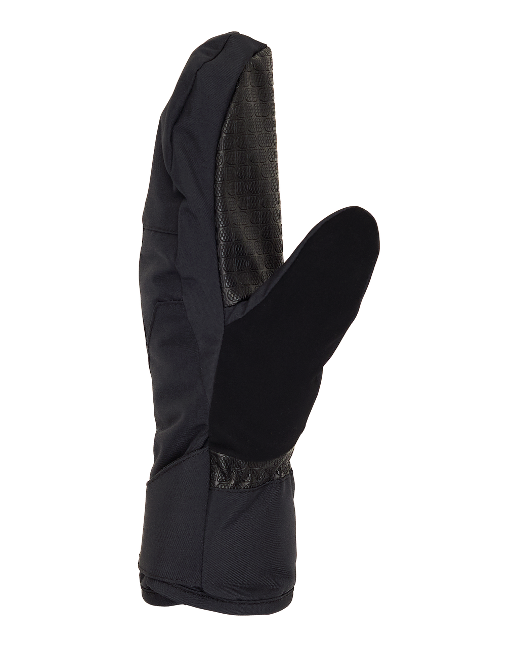 The DC Shoes Women’s Franchise Insulated Mittens feature a black, split-finger design with a textured palm and insulated fabric for excellent weather protection, displayed against a white background.