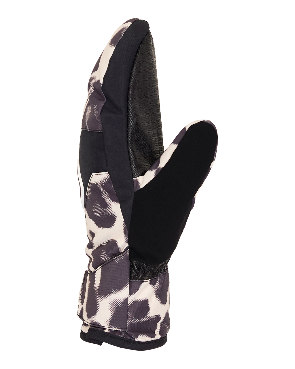 The Women’s Franchise Insulated Mittens by DC Shoes are showcased upright against a white background, displaying their black and white patterned design. Crafted for cold weather, these women’s mittens feature a split-finger construction with the thumb separated and the other fingers grouped together, along with an insulated interior and weather-resistant exterior for optimal warmth and protection.